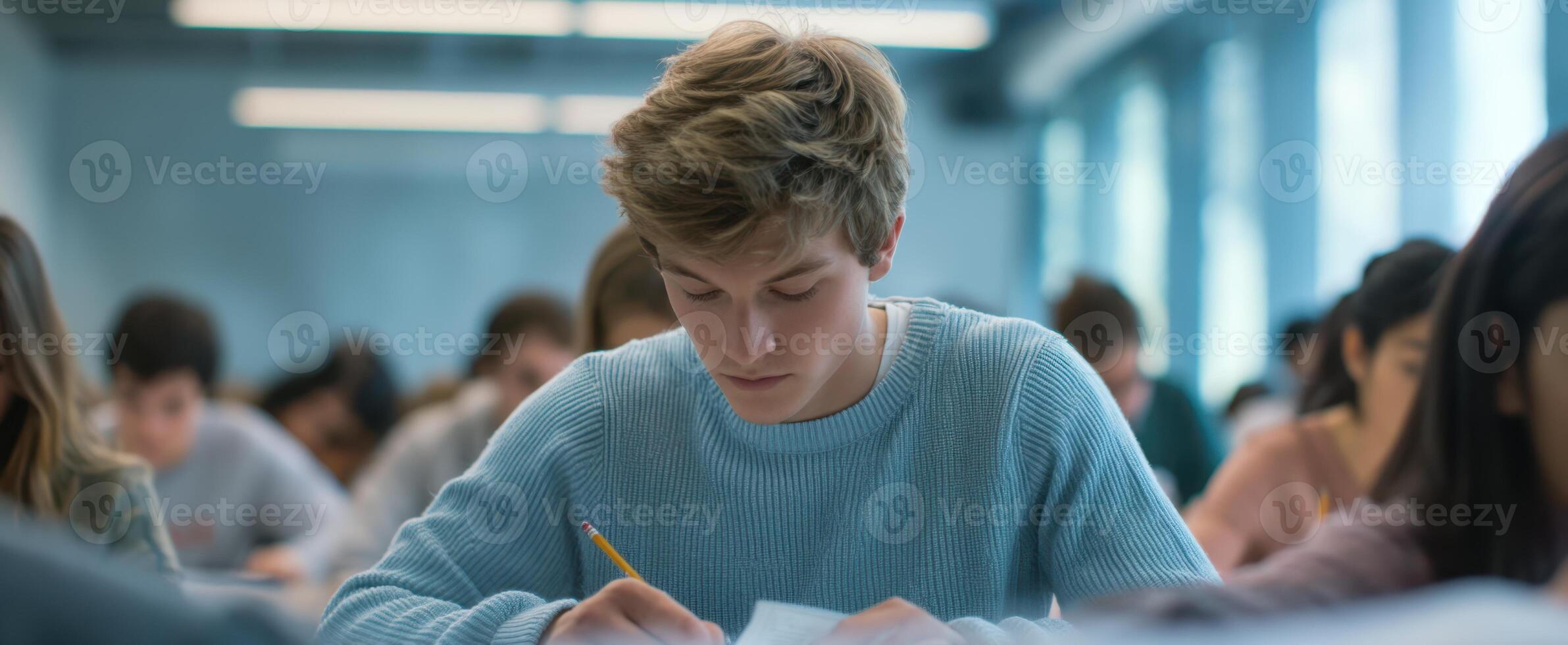 The student focused on writing during an academic examination in a classroom setting. photo