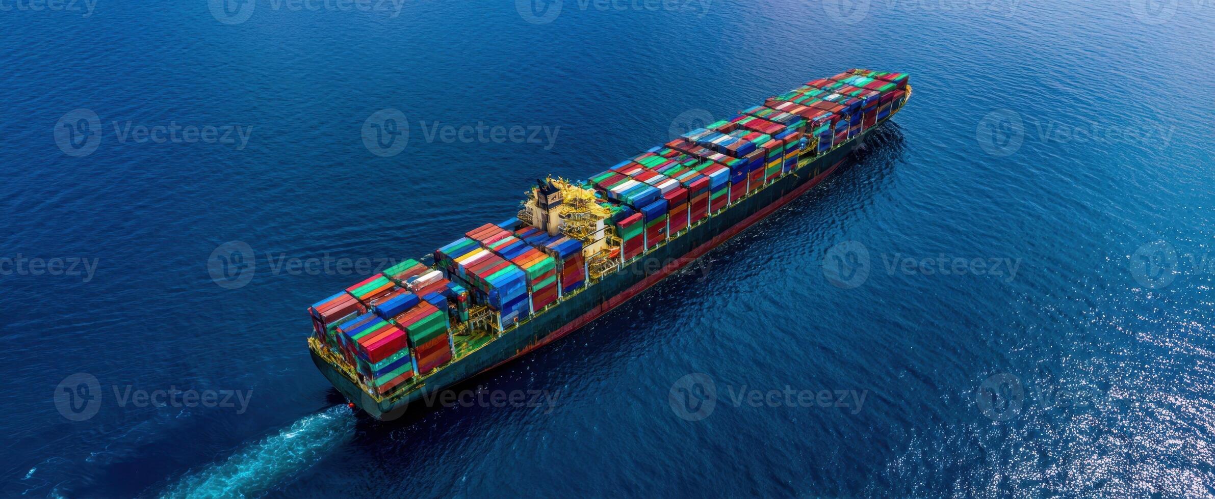 The vibrant cargo ship navigating the deep blue ocean filled with containers. photo