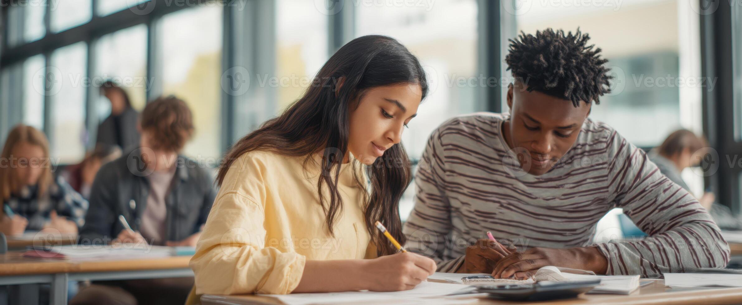 The dedicated students collaborating on coursework in a modern classroom setting photo