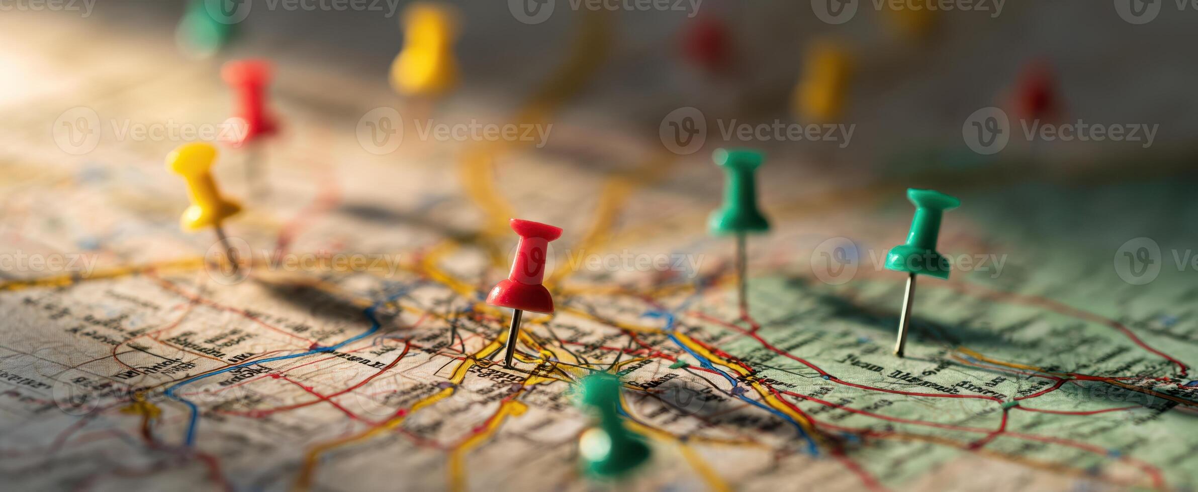 The intricacies of a map adorned with colorful pushpins highlighting chosen locations. photo