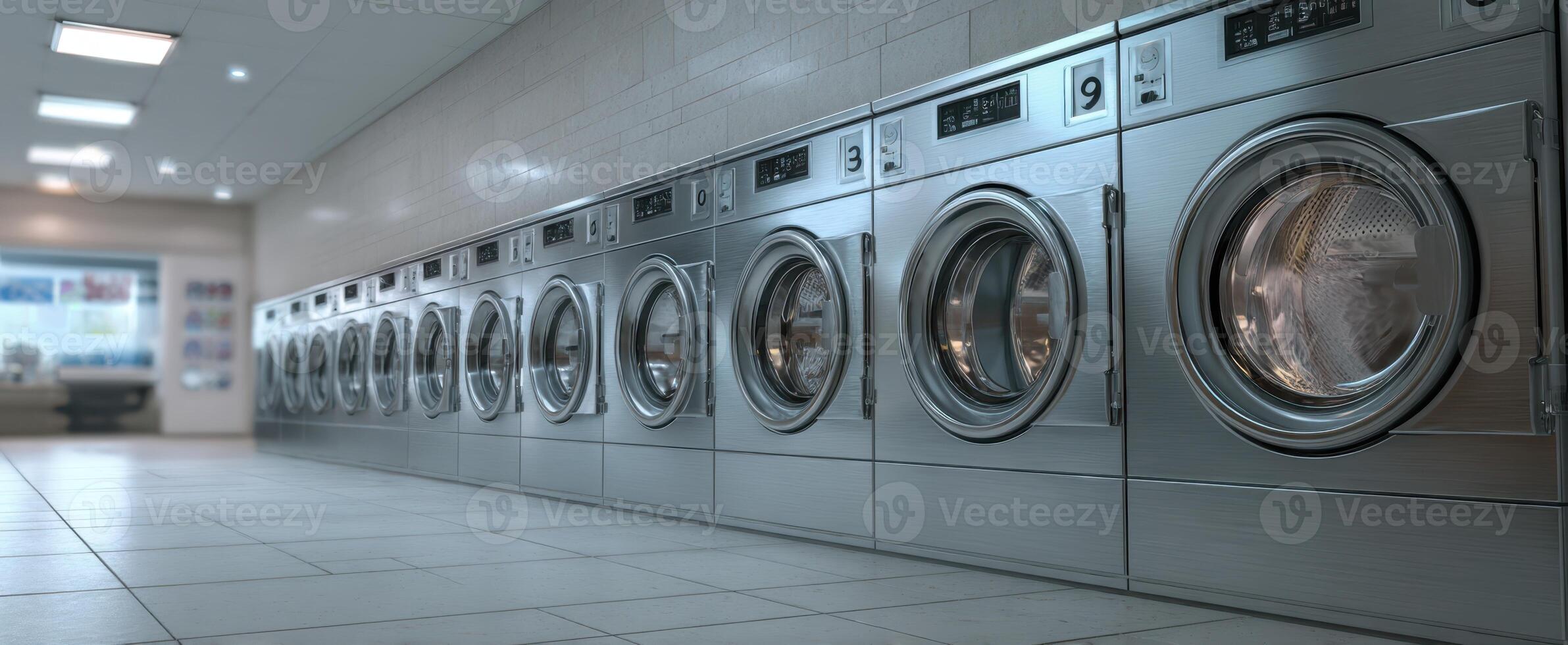 The modern laundromat with sleek machines and bright interior design. photo