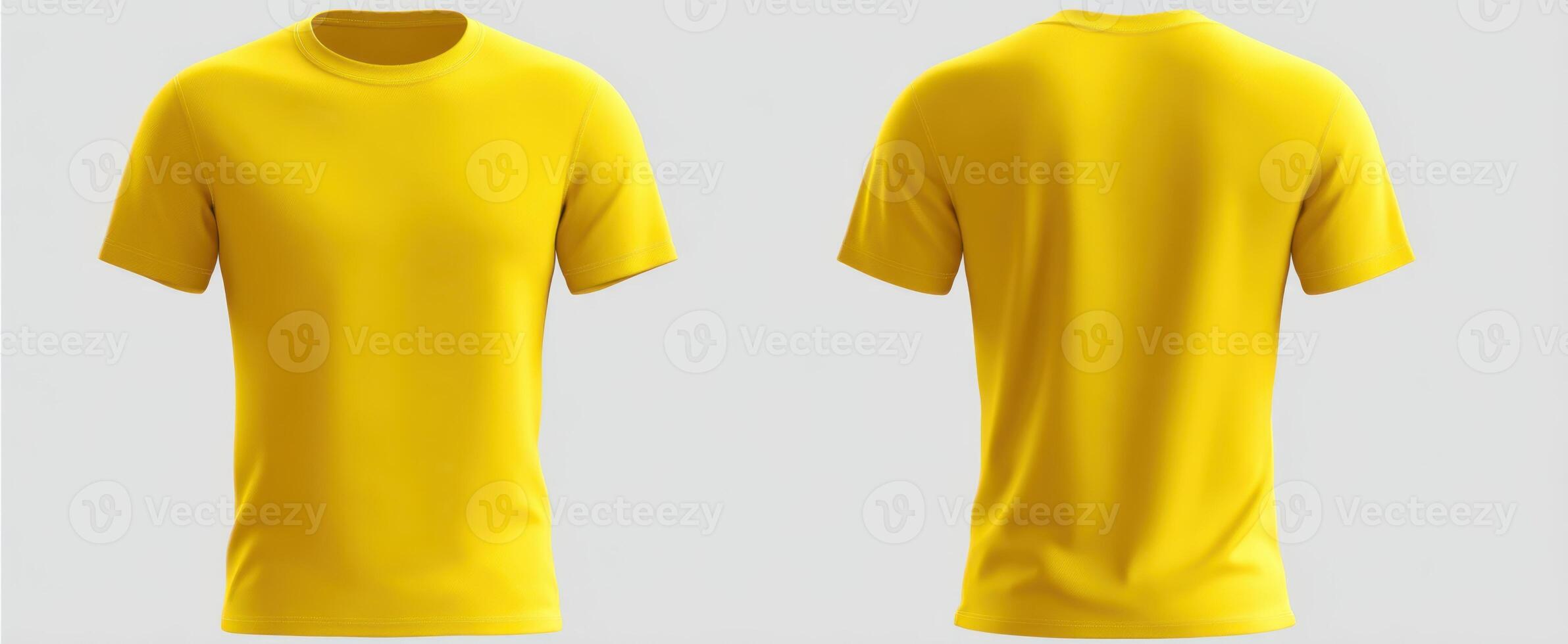 The yellow t-shirt showcasing both front and back views in a studio setting. photo