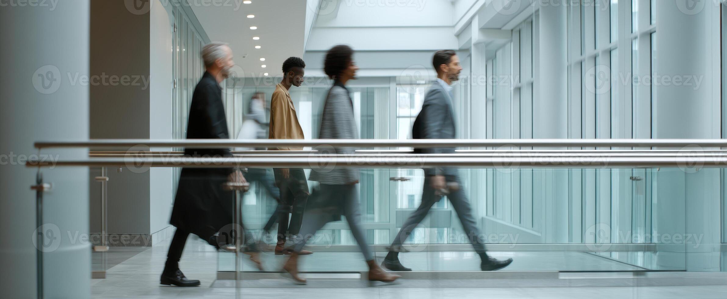 The professional group walking confidently through a modern office corridor. photo