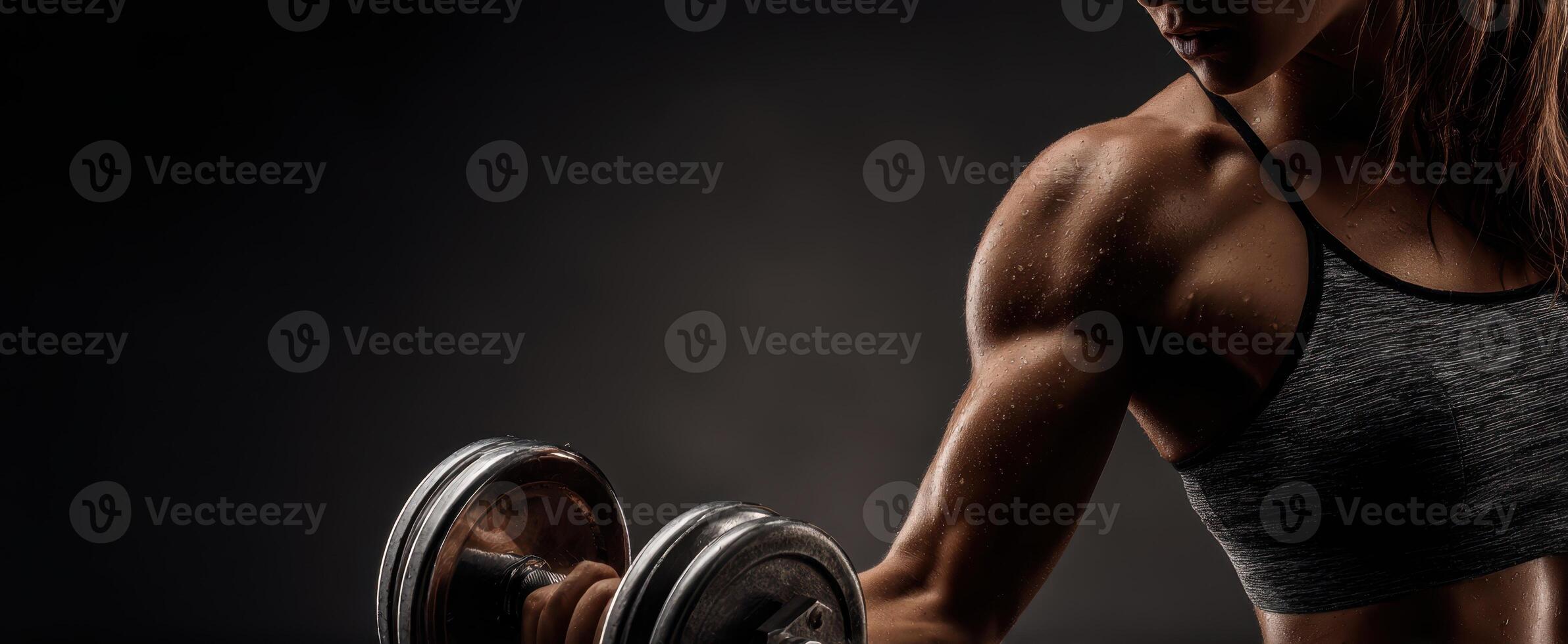 The powerful athlete lifting weights in a dramatic fitness studio setting. photo