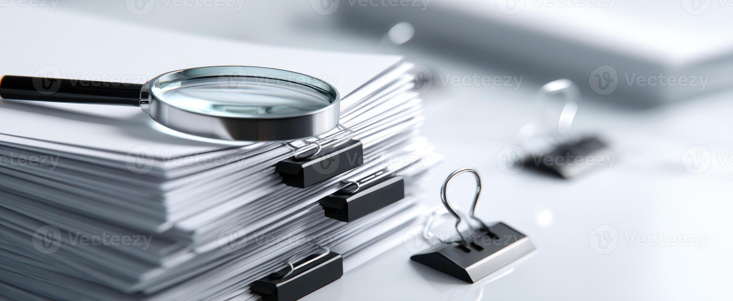 The magnifying glass resting on a stack of organized documents and binder clips. photo