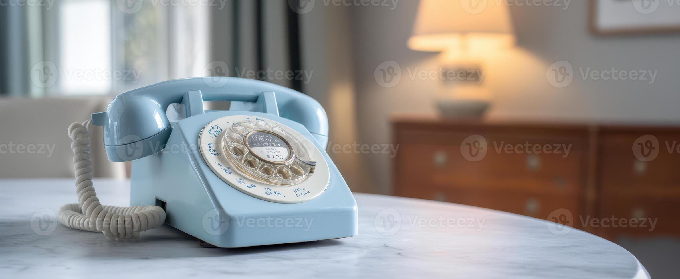 The charming vintage telephone on a stylish table in a cozy room. photo