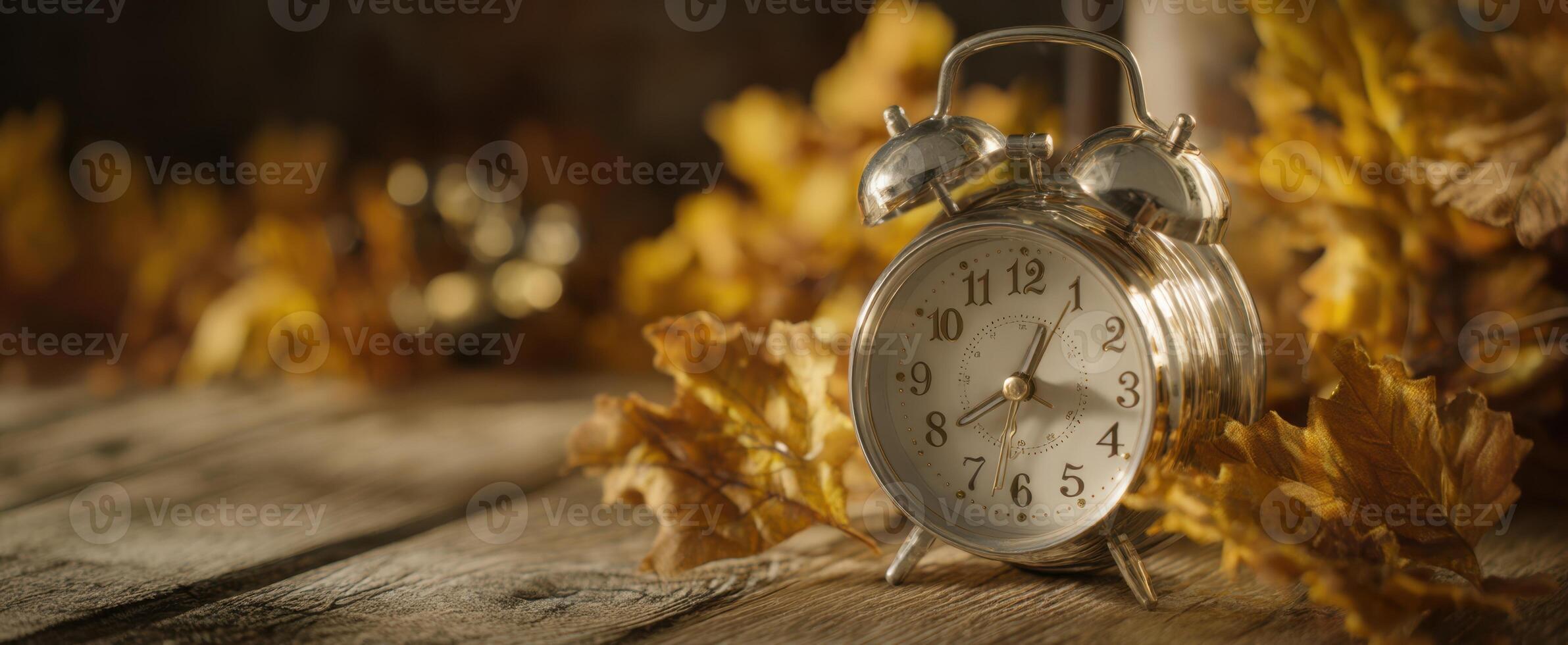 The vintage alarm clock surrounded by autumn leaves on rustic wood. photo