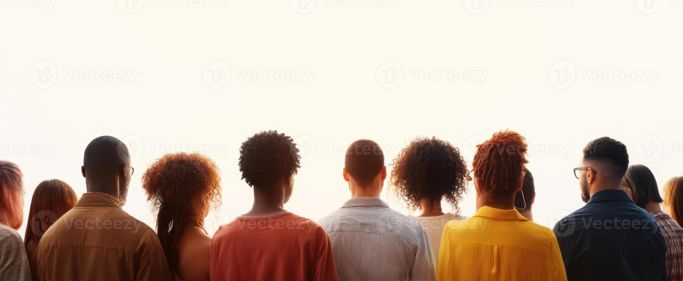 The diverse group of individuals standing together in harmony against a bright background photo