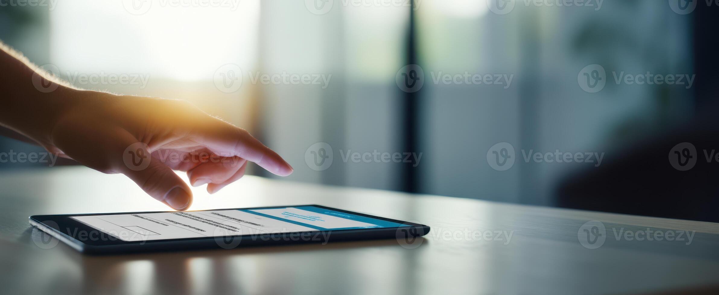 The modern tablet in hand with bright sunlight illuminating the workspace. photo