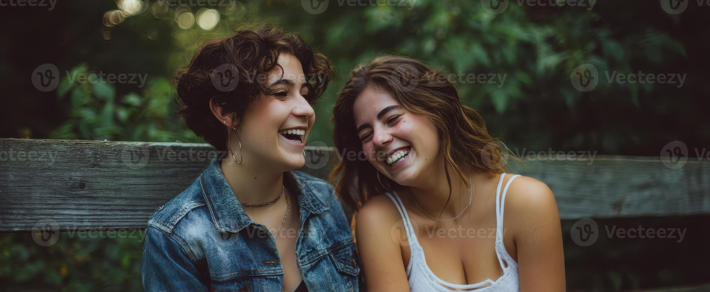 The joyful moment shared between two friends in a beautiful outdoor setting. photo