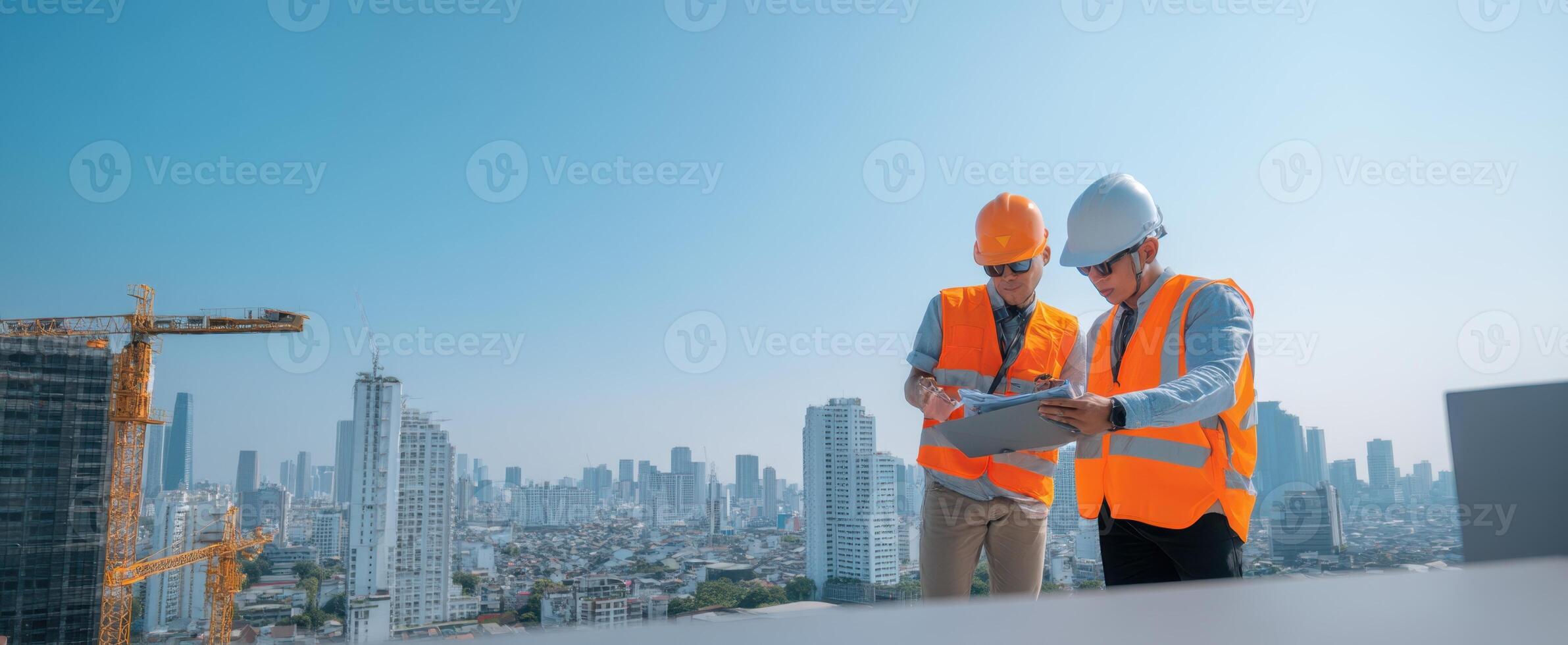 The engineers collaborating on a construction site with a city skyline backdrop. photo