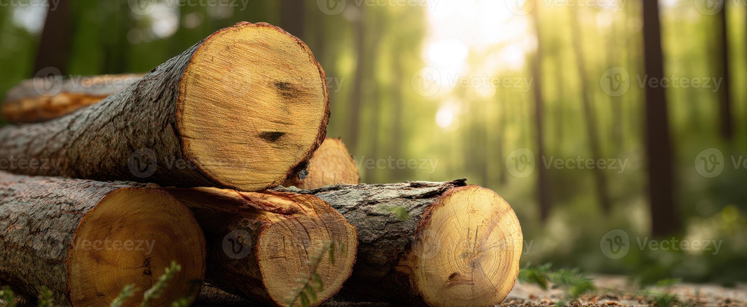 The warm sunlight illuminating stacked logs in a serene forest setting. photo
