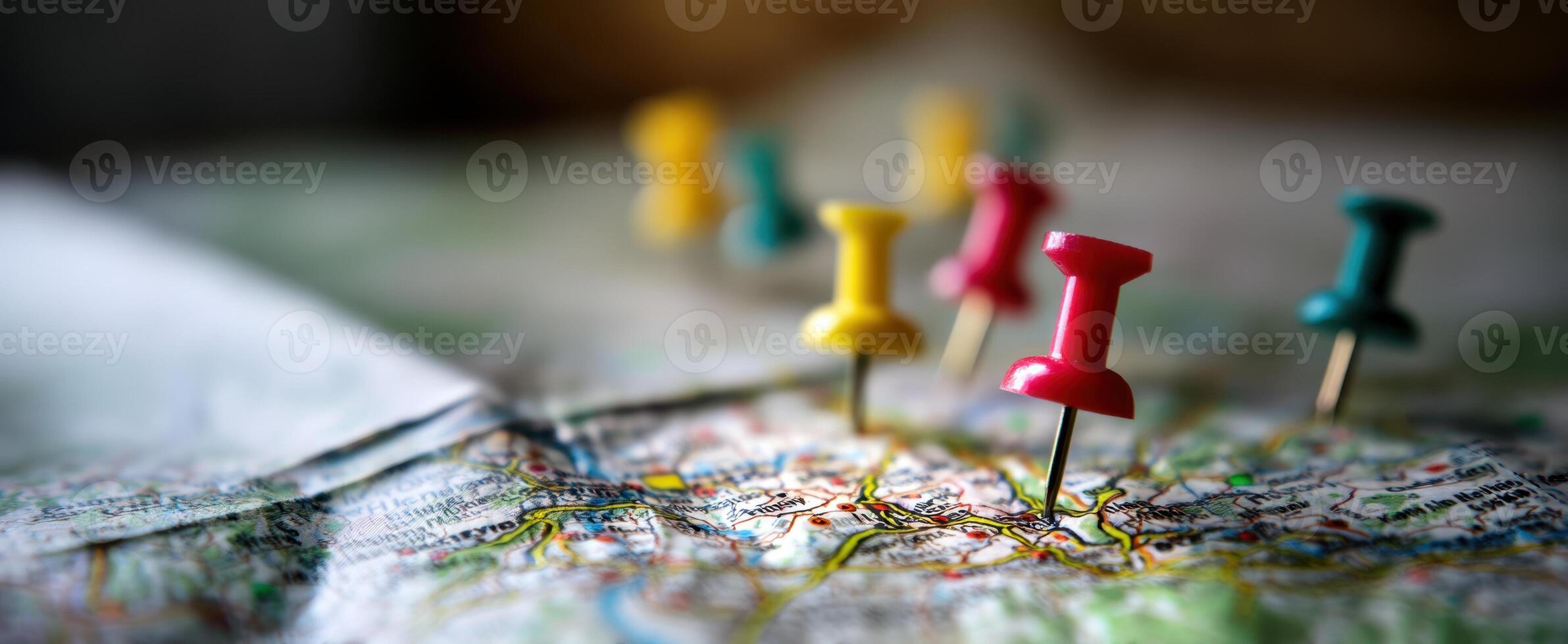 The colorful pins marking destinations on a detailed map for travel planning. photo