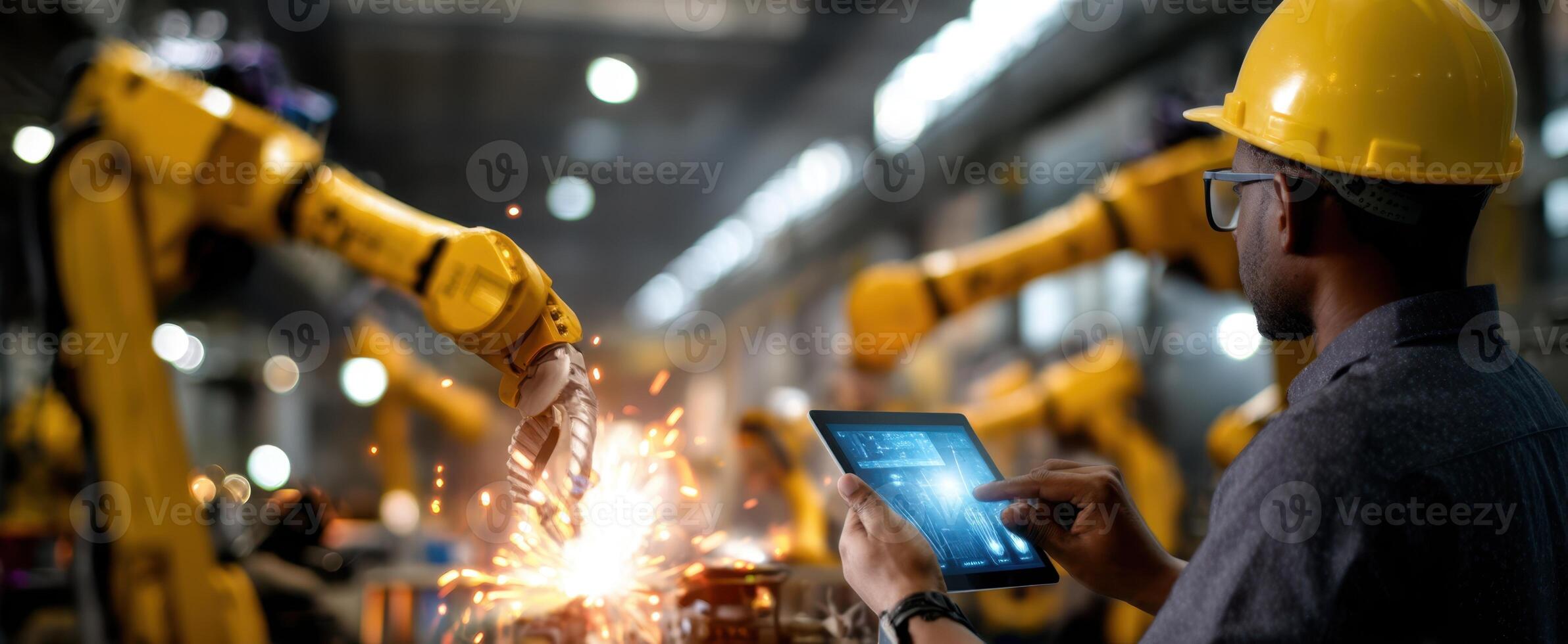 The Worker Monitoring Robotic Automation with a Tablet in a Modern Factory photo