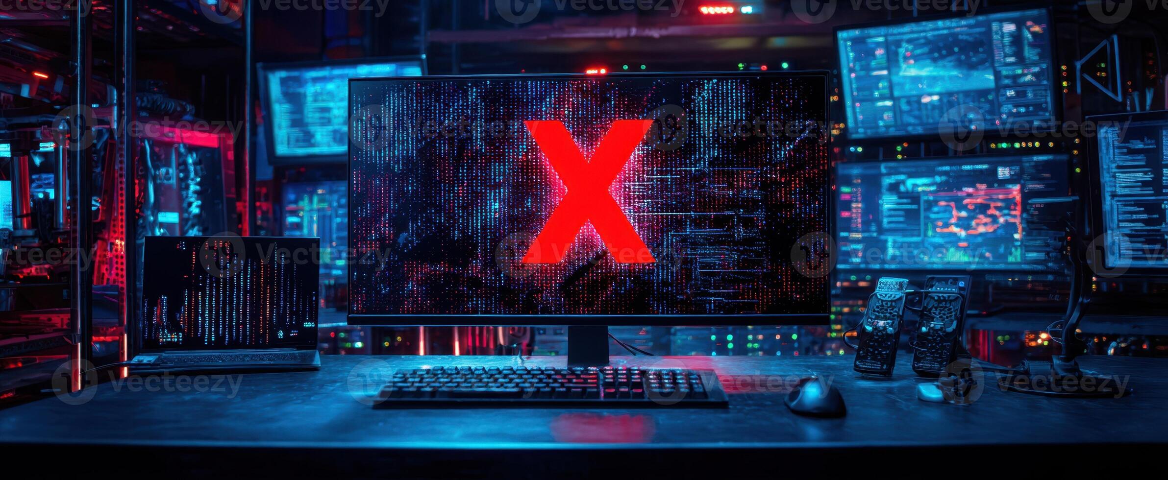 The computer display revealing a cyber security threat illuminated in striking colors. photo