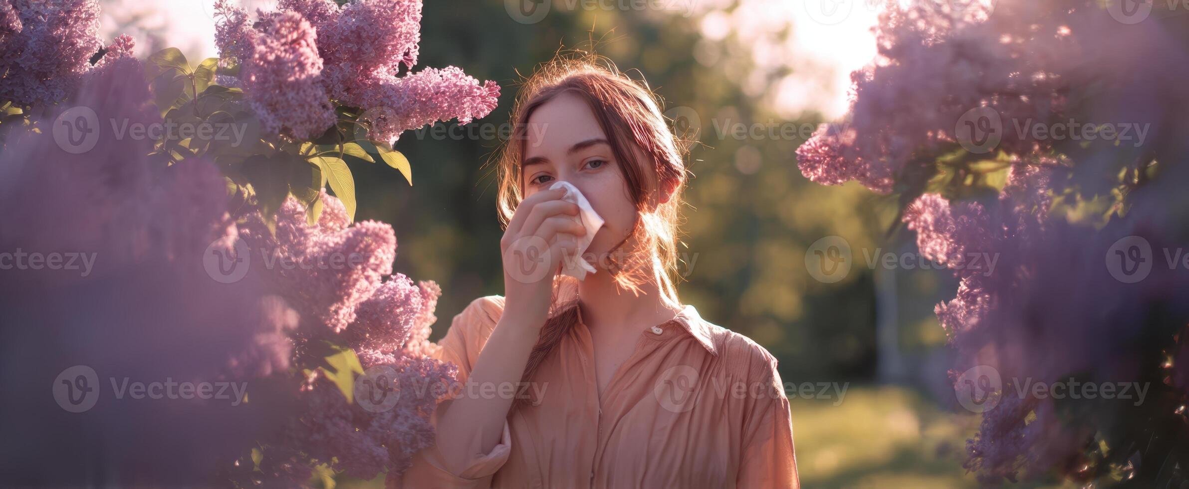 The woman savoring tea among blooming lilac flowers in a serene garden setting. photo
