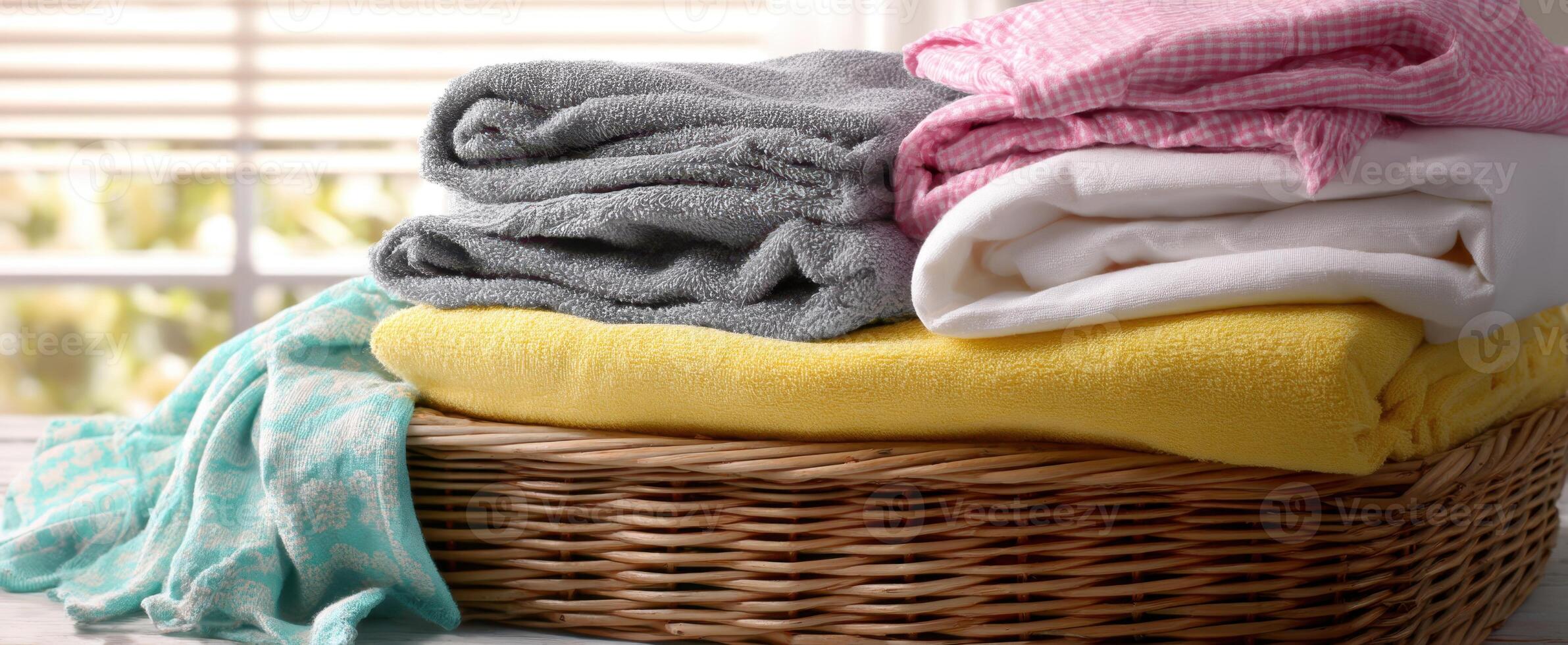 The neatly folded towels in a woven basket by sunlight. photo