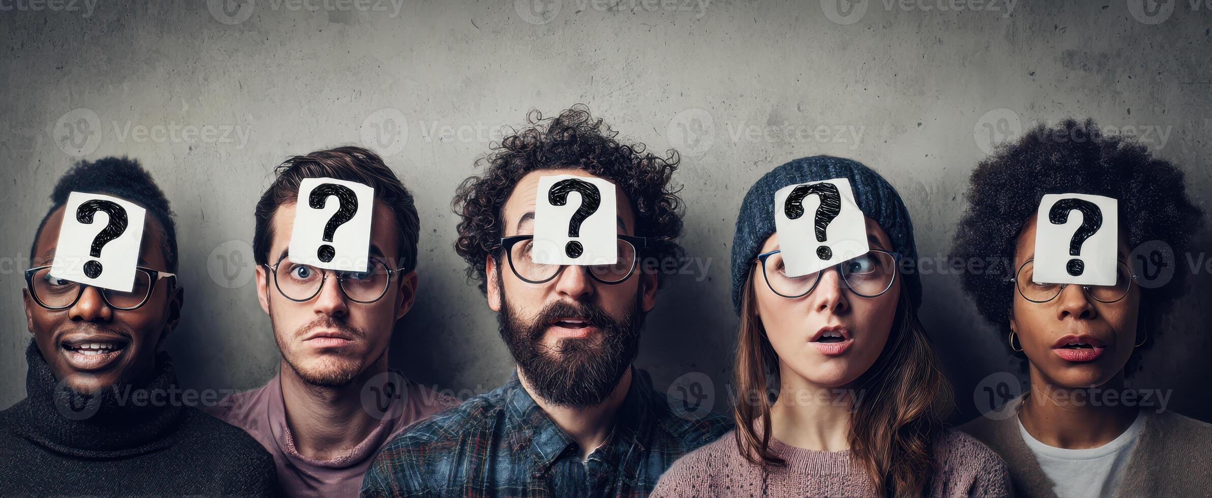 The group of diverse individuals expressing curiosity with question marks. photo
