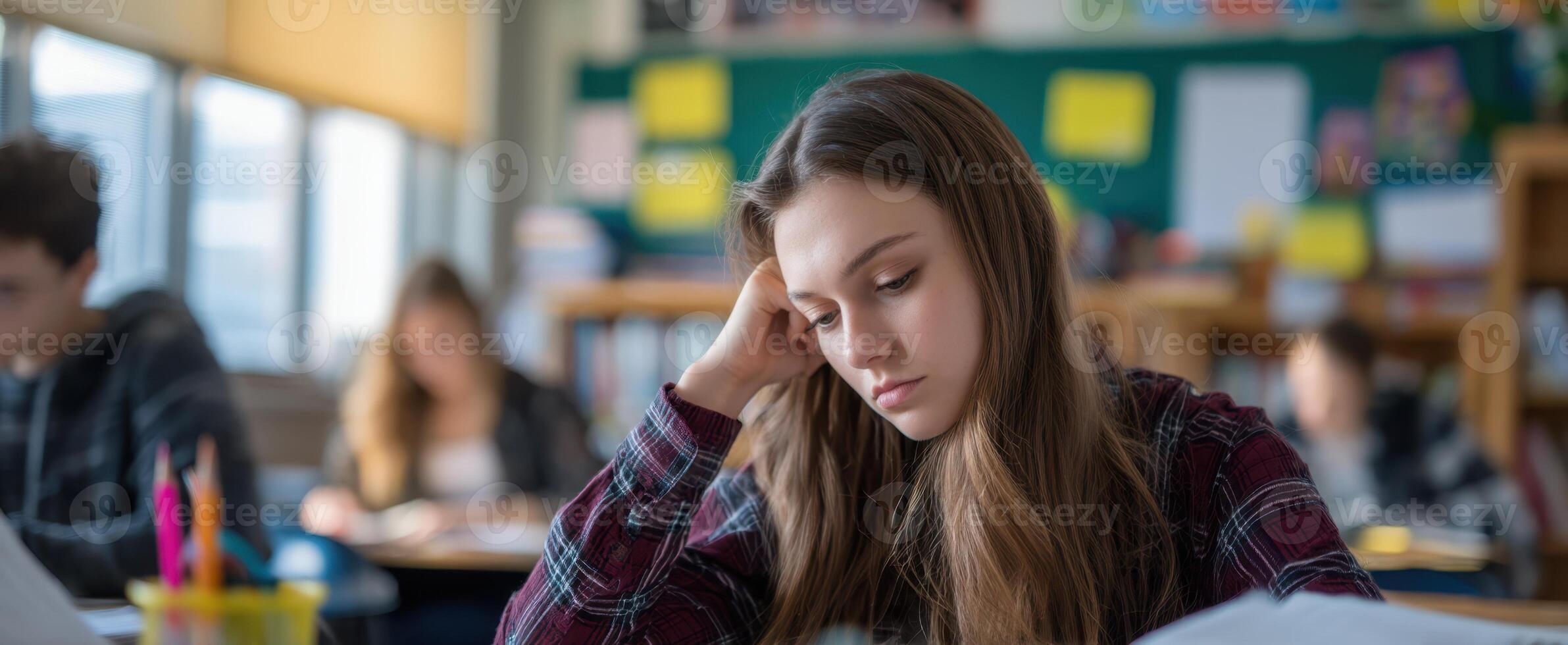 The thoughtful student engaged in intensive study in a modern classroom environment. photo