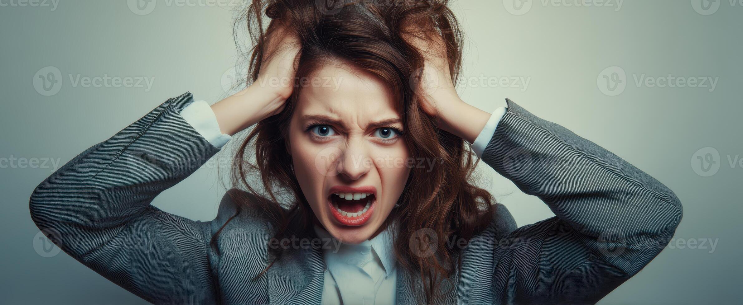 The woman expressing intense frustration and emotional turmoil in a business setting. photo