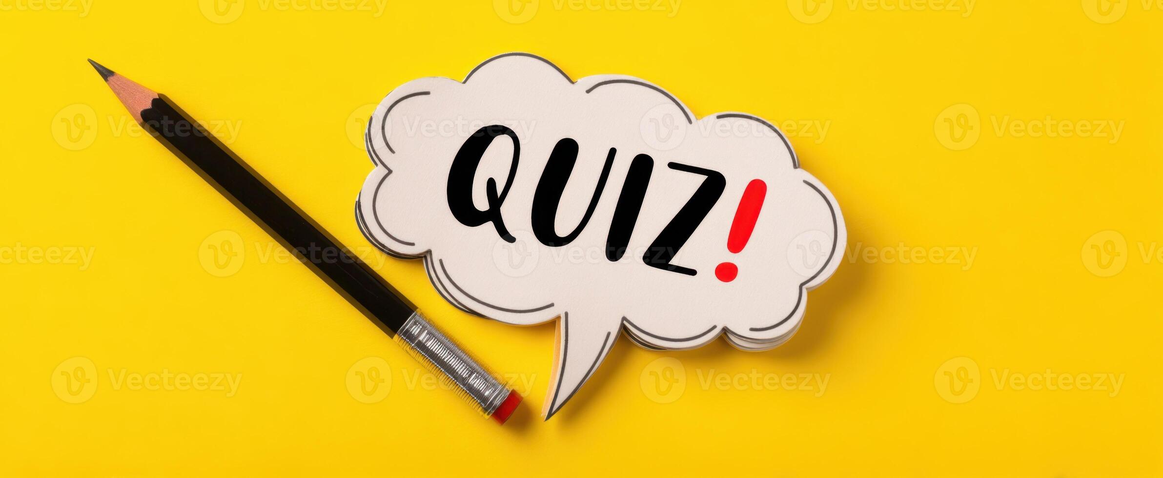 The vibrant quiz concept with a pencil on a bright yellow background. photo
