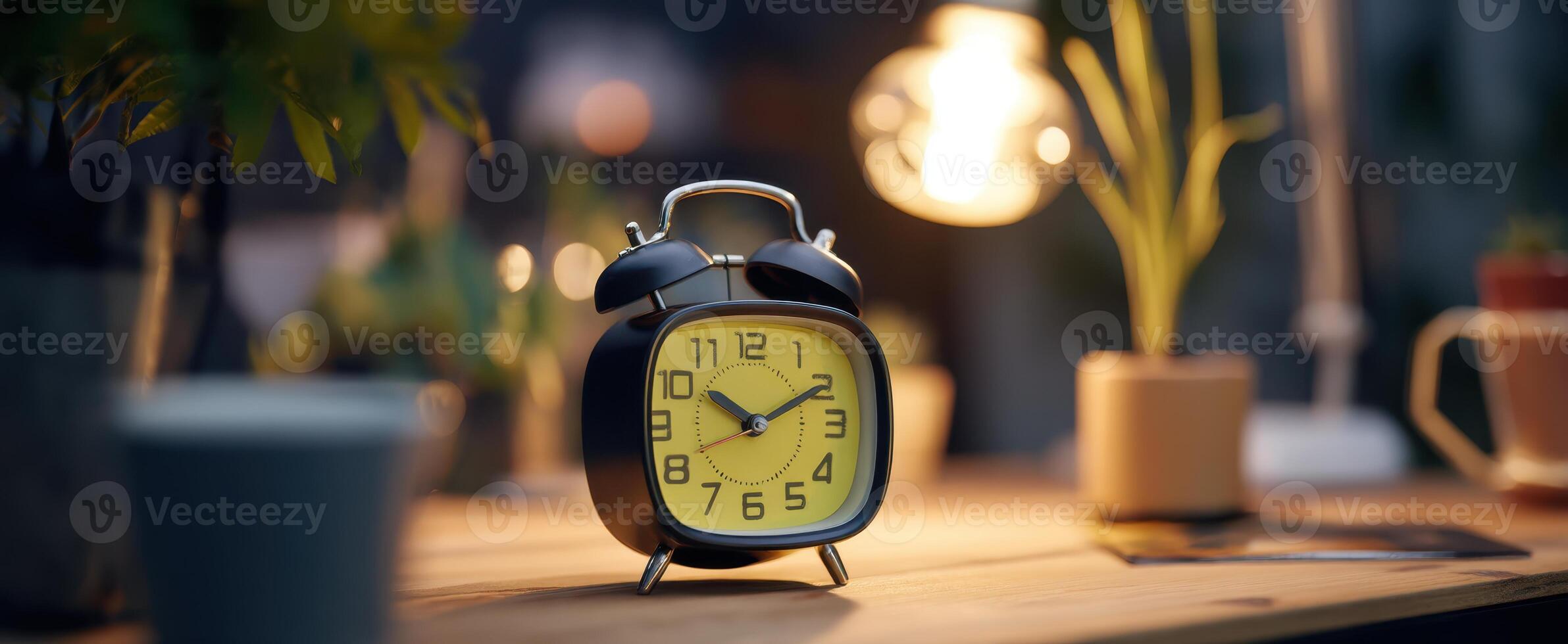 The classic alarm clock on a stylish wooden table with soft lighting. photo