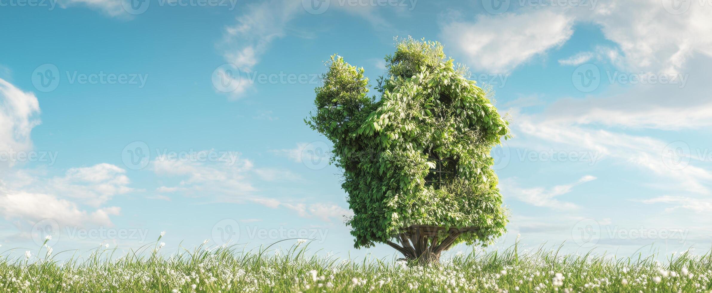 The Majestic Tree Standing Alone in a Lush Green Meadow Under Clear Skies photo