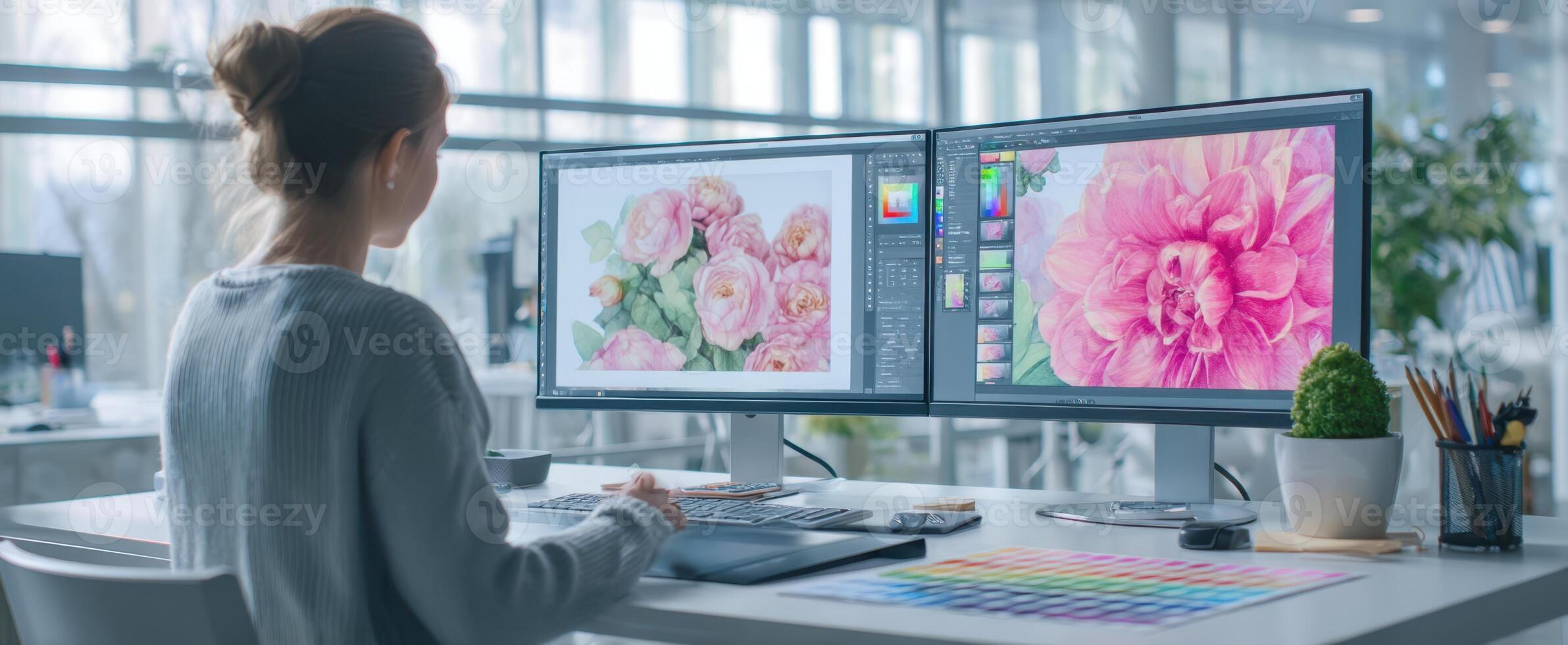 The Professional Woman Creating Stunning Floral Art in a Modern Workspace. photo