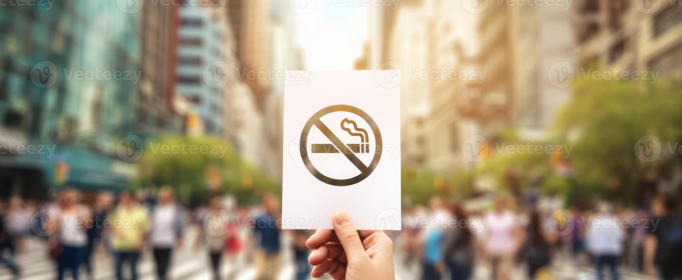 The no-smoking sign held high amidst a bustling urban crowd. photo