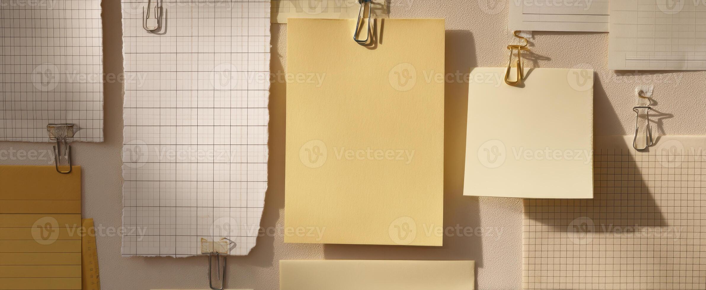 The collection of assorted papers and notes arranged on a workspace wall. photo