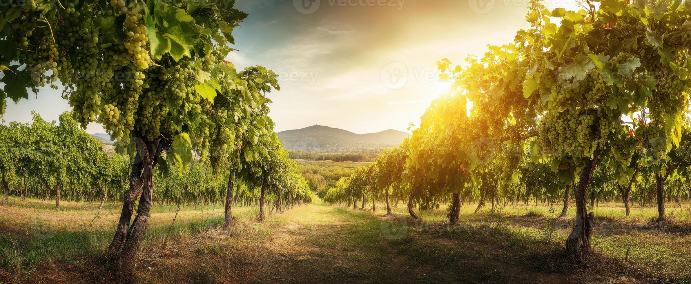 The beautiful vineyard landscape at sunset with lush grapevines and hills. photo