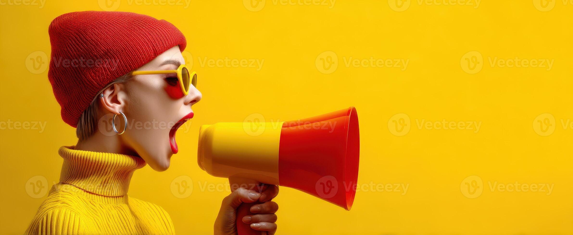 The woman with a megaphone expressing dynamic confidence against a bright yellow background photo