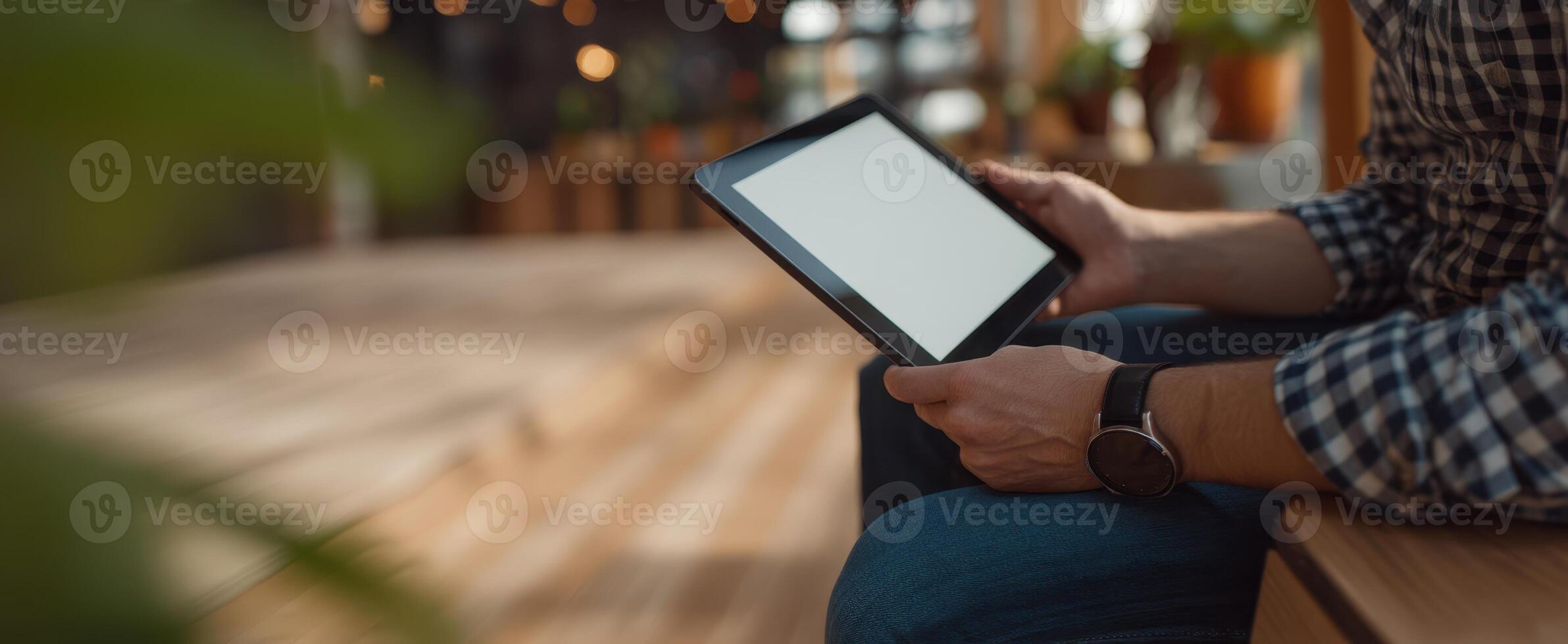 The tablet resting in hands at a cozy caf setting. photo