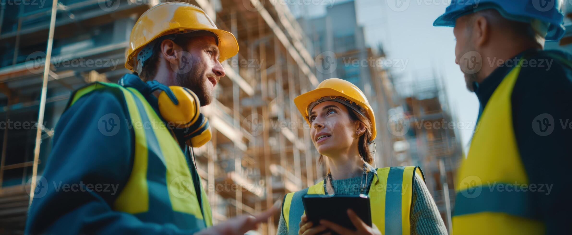 The construction team collaborating on a project at a busy building site. photo
