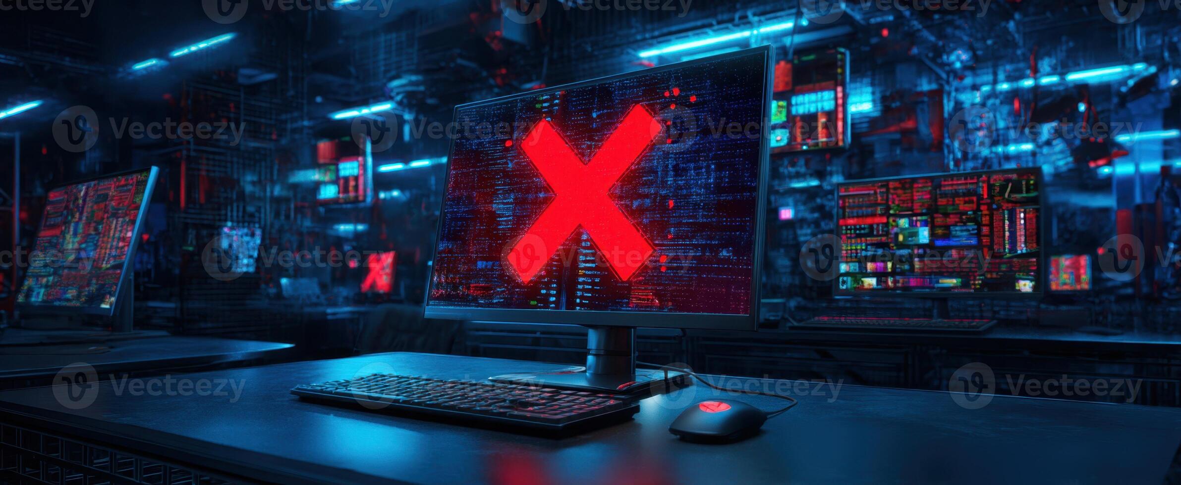 The computer screen with a red error symbol in a high-tech workspace. photo