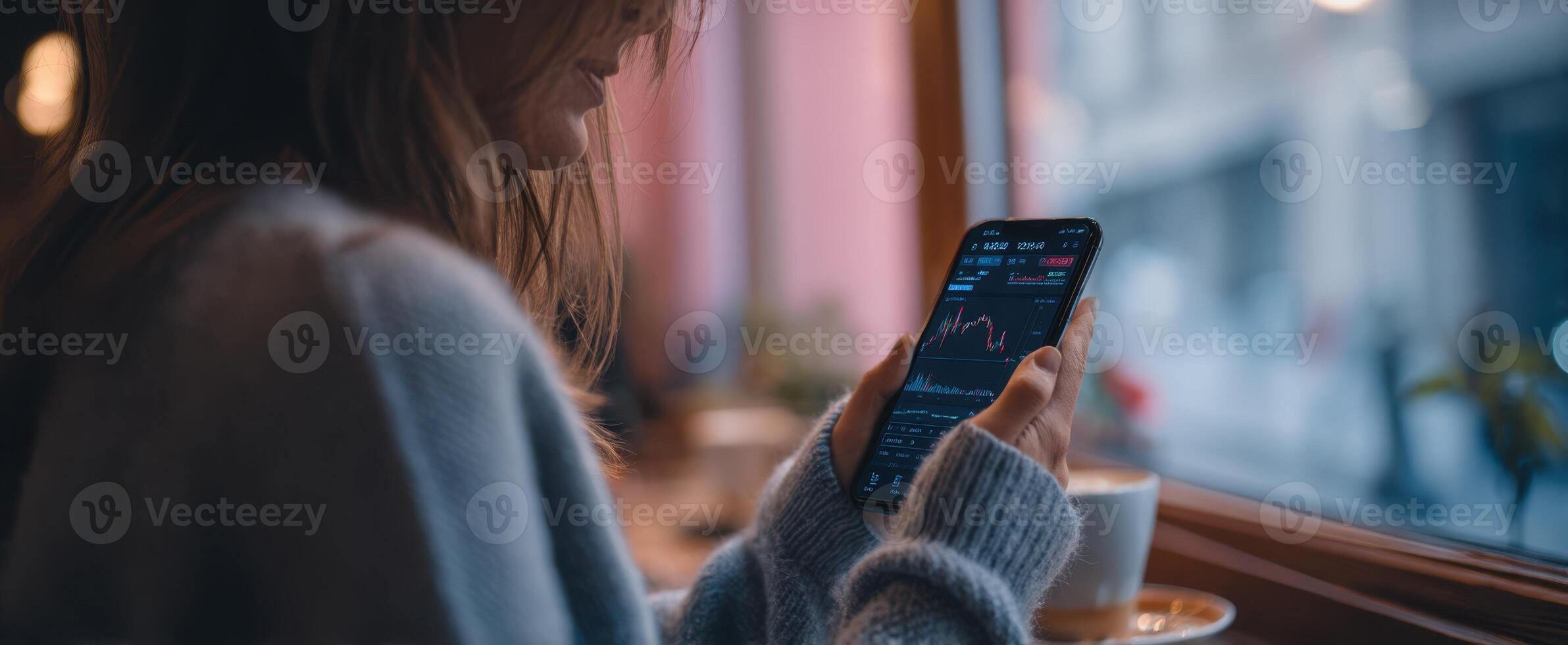 The girl using a smartphone while enjoying coffee in a cozy cafe setting. photo