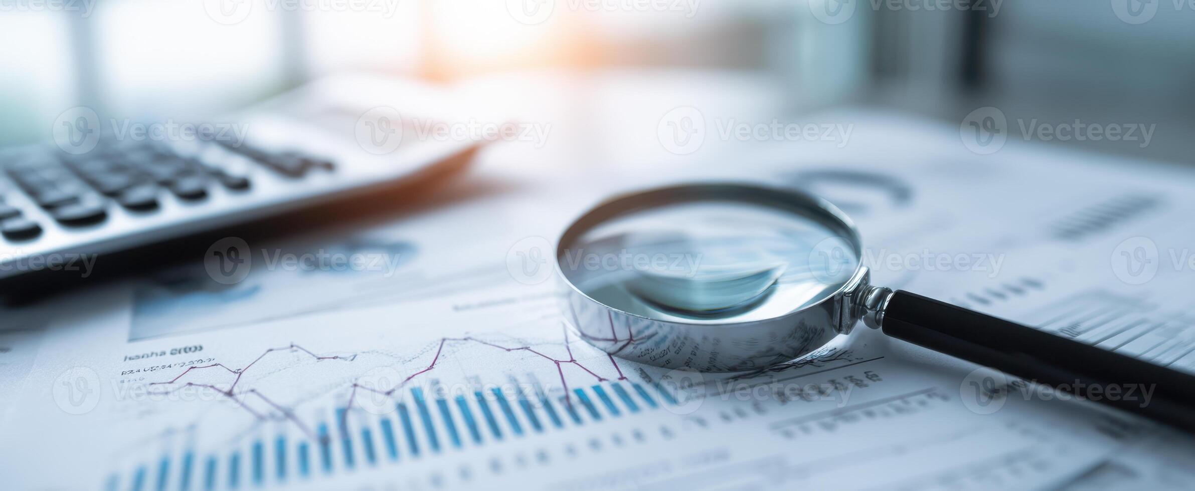 The magnifying glass highlighting financial charts and analysis tools on a desk. photo