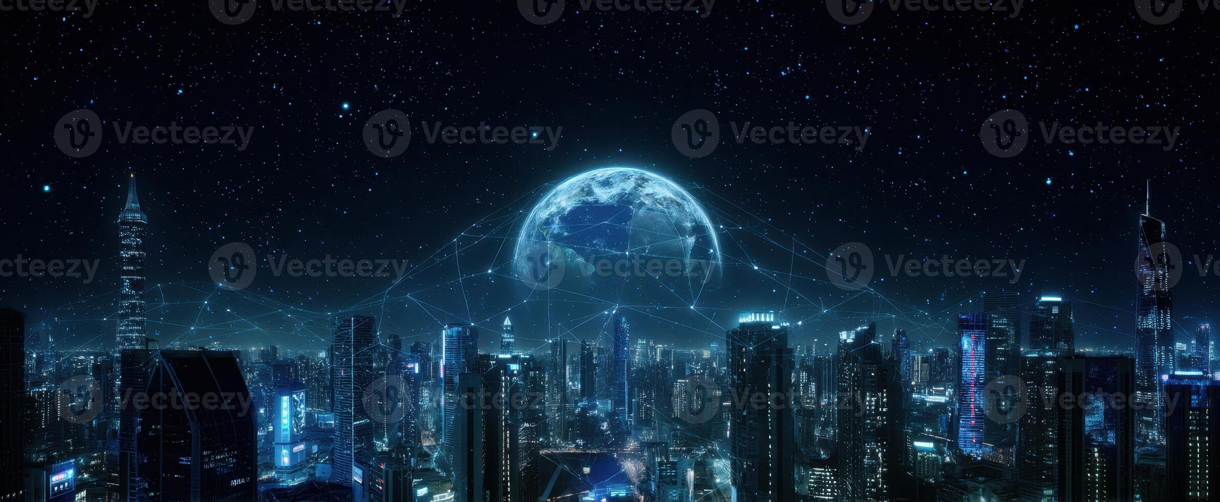 The breathtaking city skyline illuminated under a cosmic network and glowing globe. photo