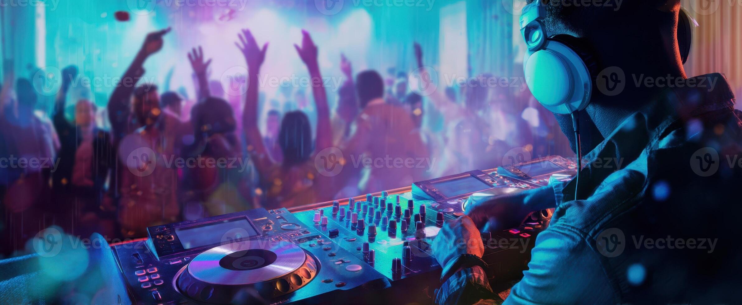 The DJ creating vibrant energy at a lively nightlife party scene. photo