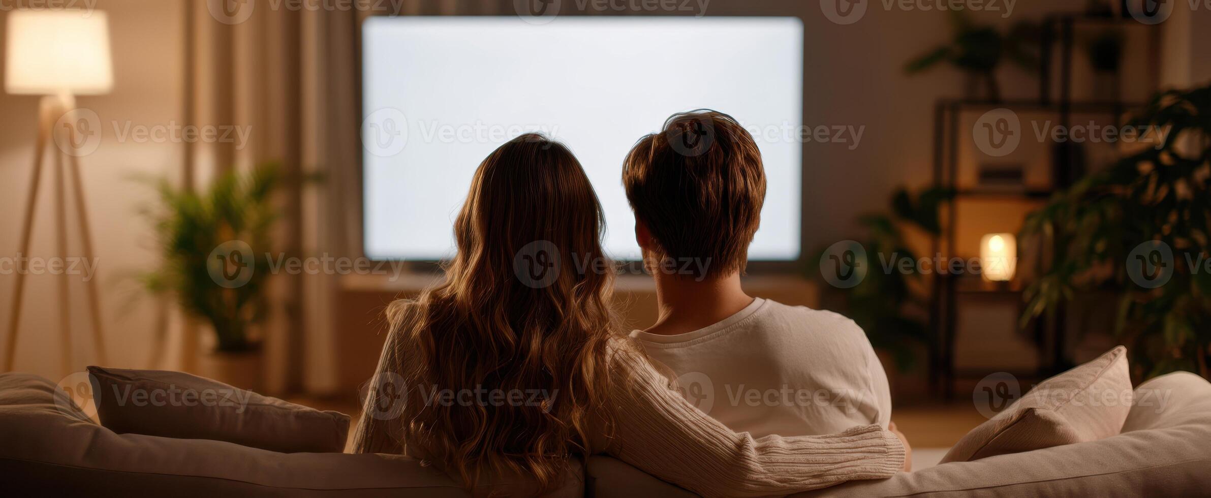 The couple enjoying a cozy movie night together at home. photo