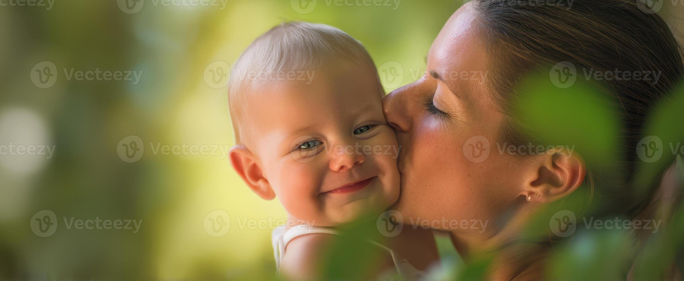 The loving embrace of a mother sharing joy with her smiling baby. photo