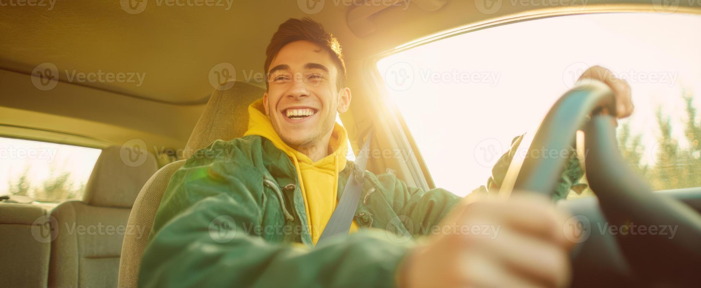 The joyful young driver enjoying a sunny day on the road. photo
