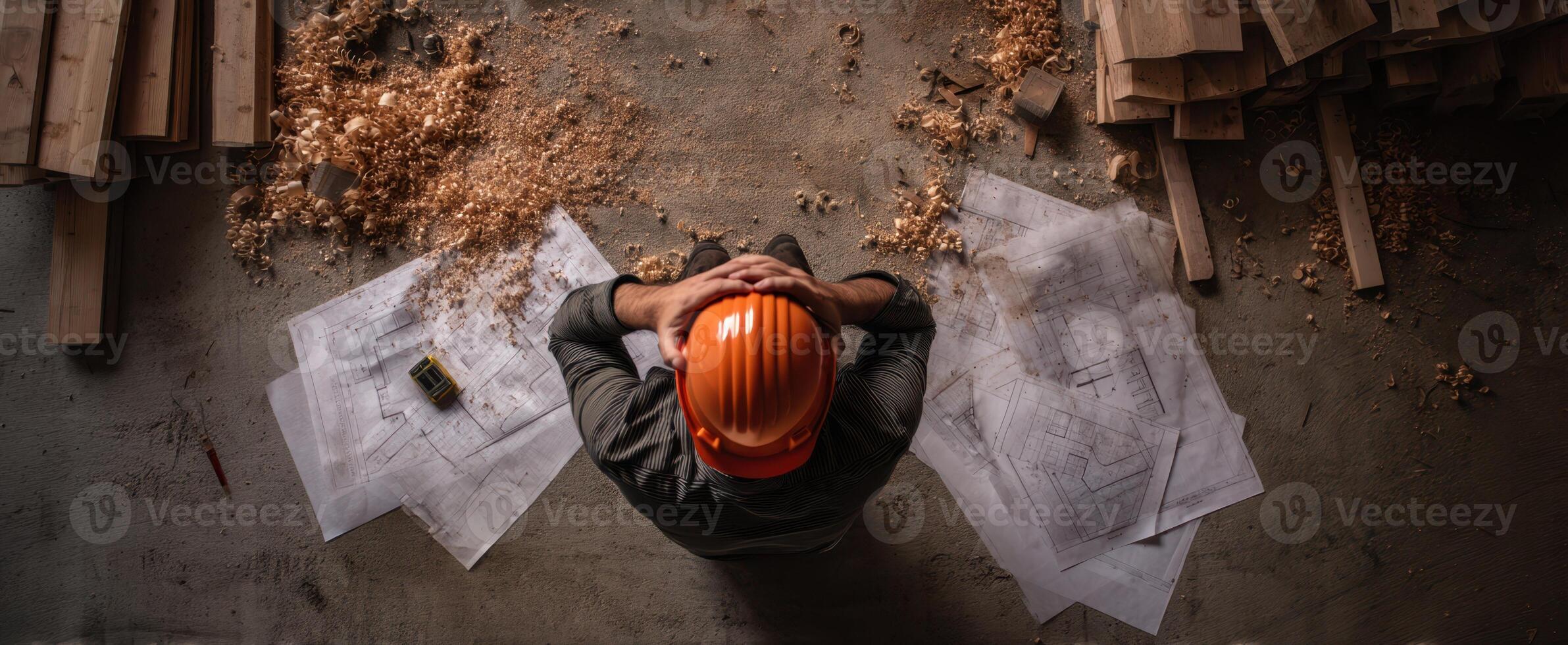The construction manager analyzing blueprints in a wood workshop environment. photo