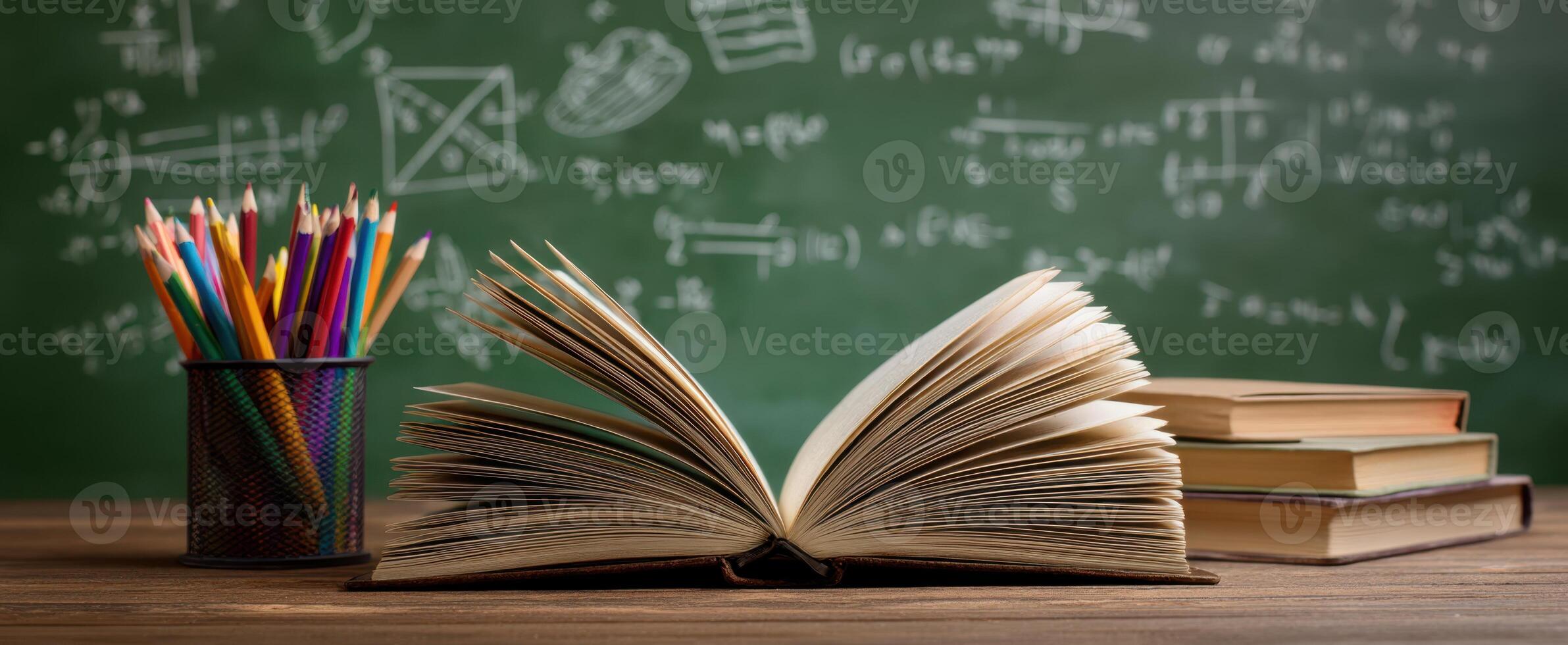 The open book surrounded by colorful pencils on a classroom desk. photo