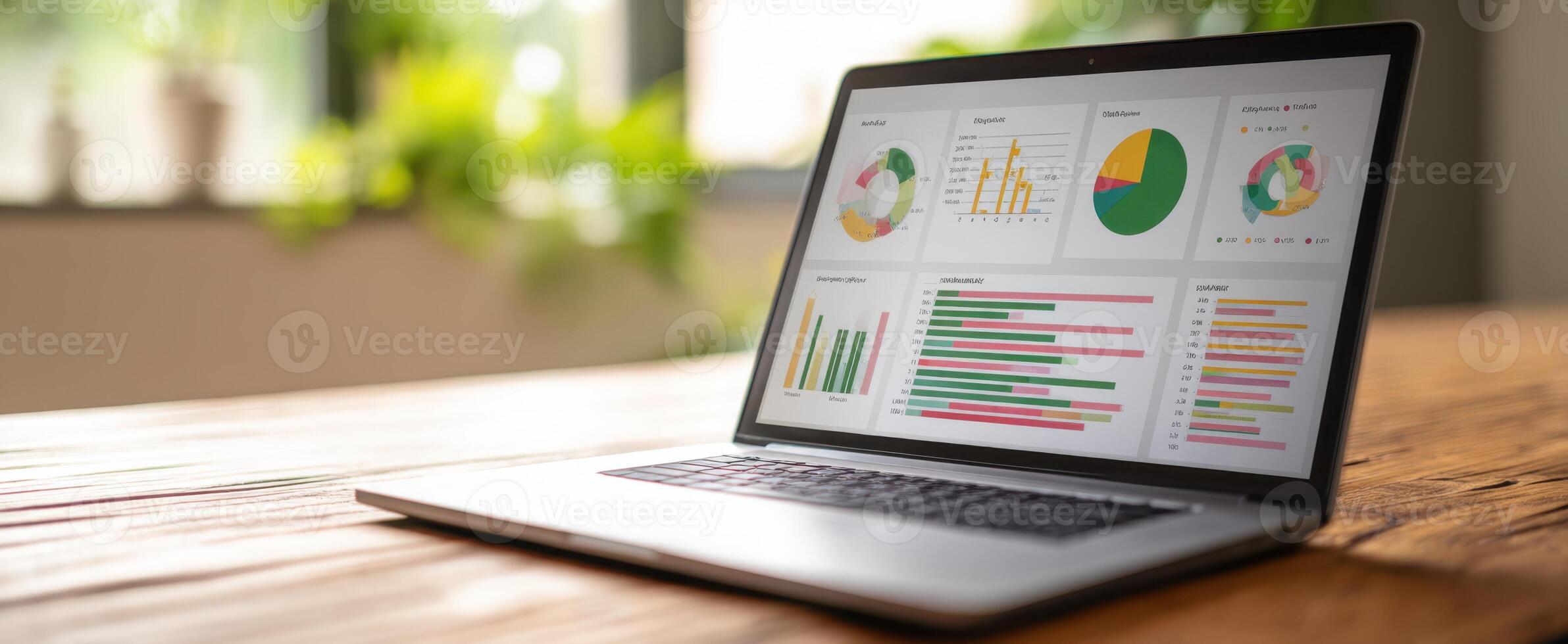 The laptop displaying colorful analytics and data visualizations in a modern workspace. photo
