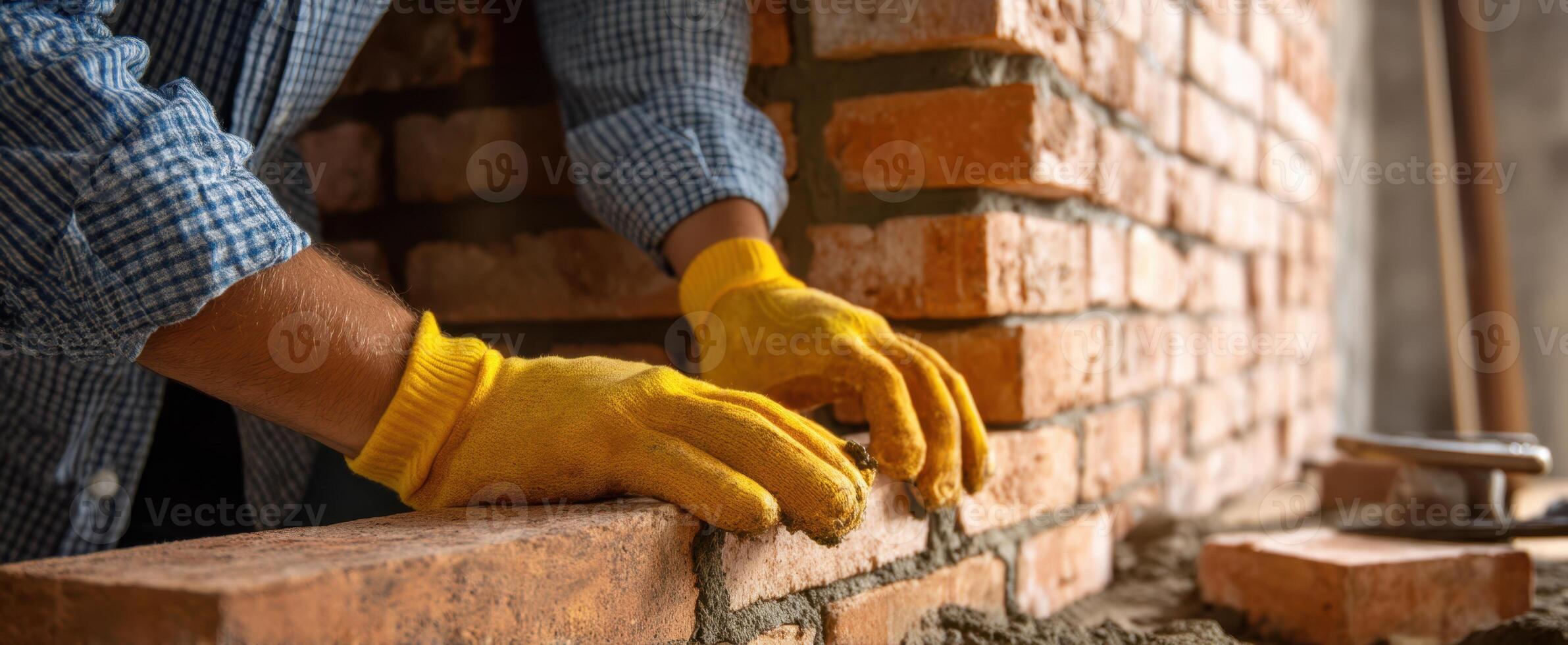 The skilled worker laying bricks with careful precision in a construction site. photo