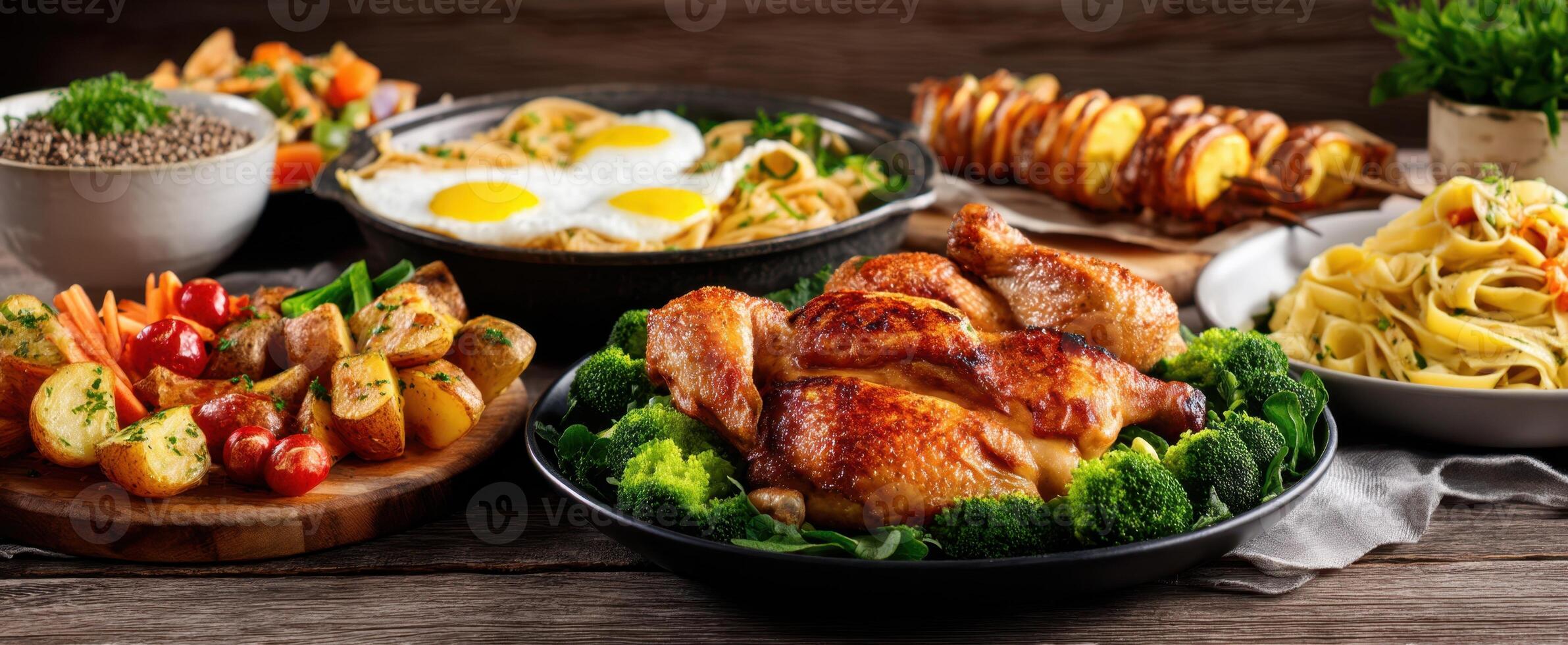 The Delicious Spread of Home-Cooked Meals Featuring Roast Chicken and Fresh Vegetables. photo