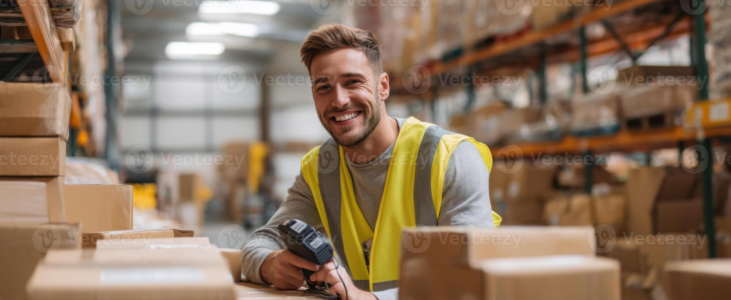 The smiling warehouse worker scanning packages in a busy distribution center. photo