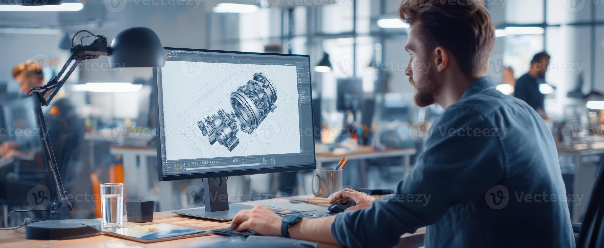 The engineer designing a detailed CAD illustration on a modern computer screen. photo