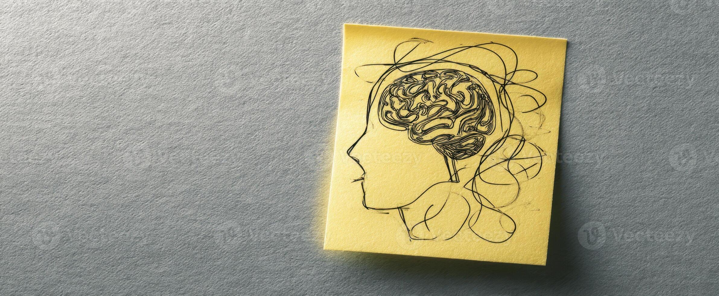 The creative sketch of a brain on a yellow sticky note. photo